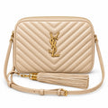 Saint Laurent YSL Lou Camera Bag in Powder Beige Nude Blush Quilted Lambskin Leather with Shiny Gold YSL Monogram Chevron Quilting Powder Leather Tassel and Adjustable Strap