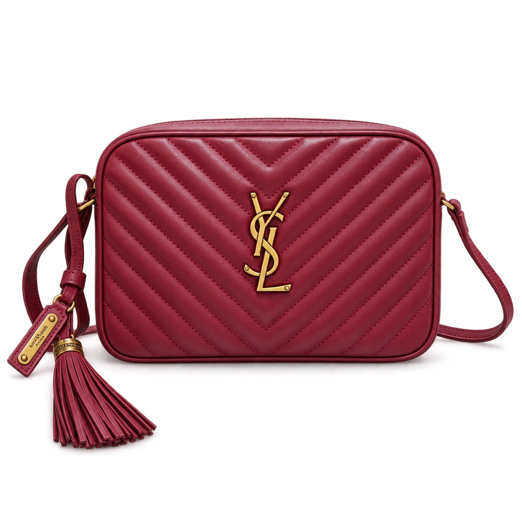 Saint Laurent YSL Lou Large Camera Bag in Burgundy Wine Red Smooth Leather with Gold YSL Monogram Chevron Quilting Burgundy Tassel and Adjustable Leather Shoulder Strap