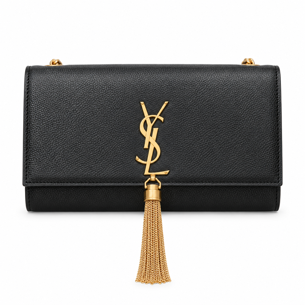 YSL Saint Laurent Kate Chain Bag in Black Grained Leather with Tassel