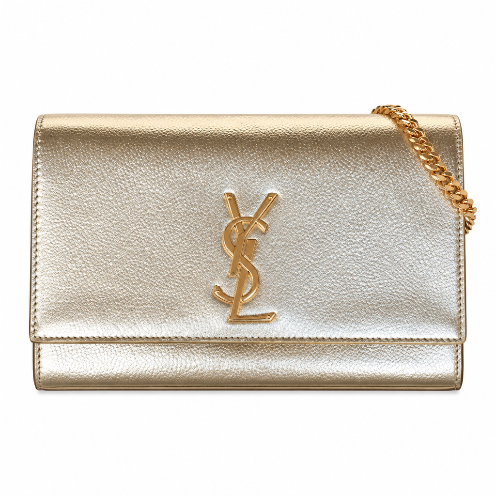 Saint Laurent YSL Kate medium chain crossbody bag in gold champagne metallic grained calfskin leather with gold YSL monogram and gold curb chain strap