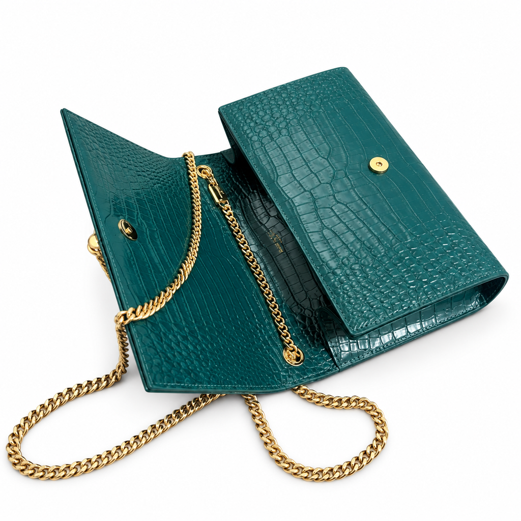 YSL Kate Tassel Chain Bag – Teal Croc-Embossed Leather