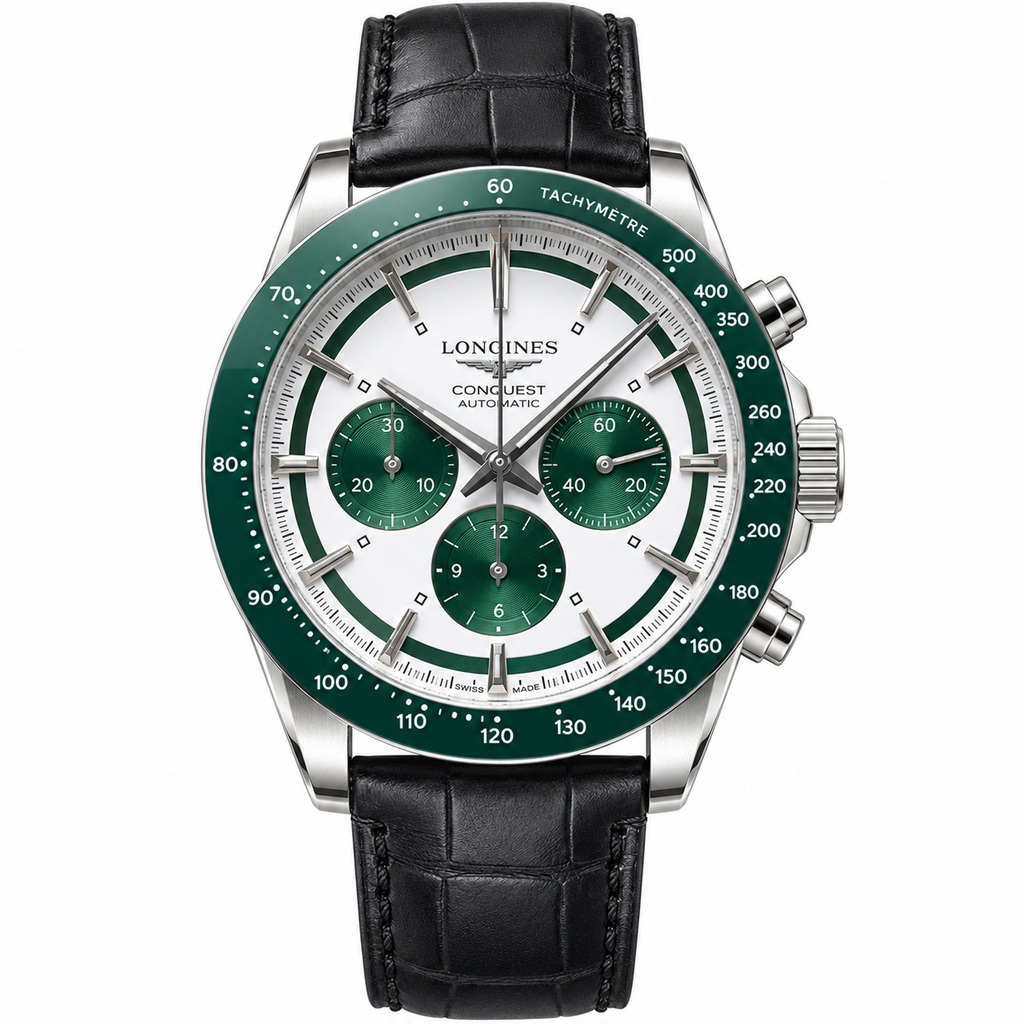 Longines Conquest Automatic Chronograph with green bezel, white panda dial and black leather strap