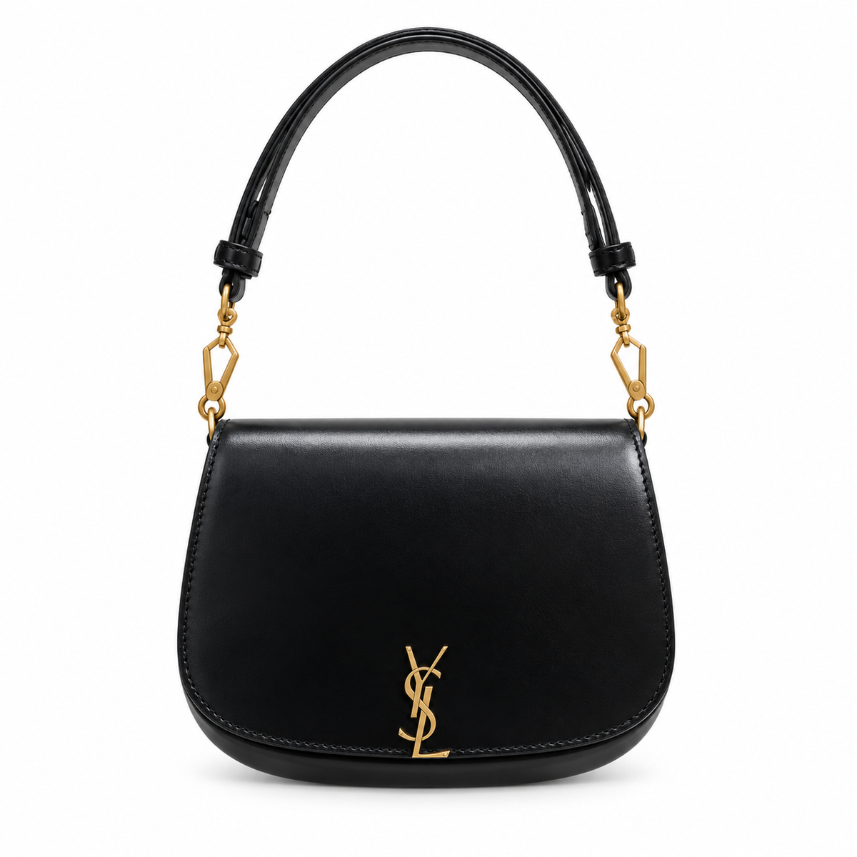 Saint Laurent YSL Voltaire structured saddle flap shoulder bag in black smooth calfskin leather with geometric antique gold hardware and YSL monogram