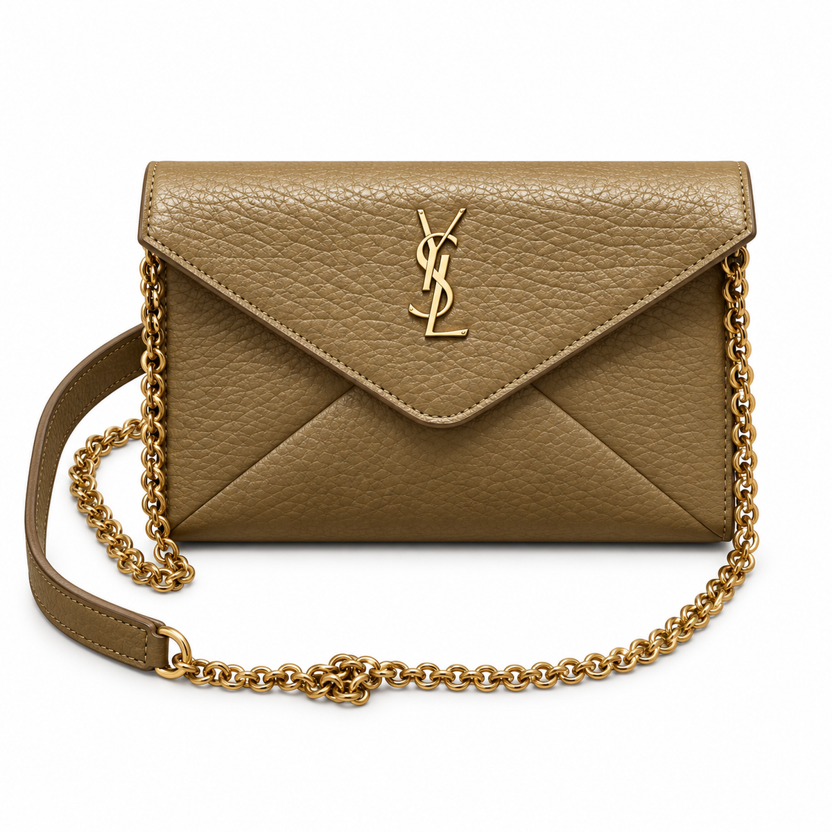 YSL Saint Laurent Gaby Envelope Bag Olive Grained Leather Gold Chain