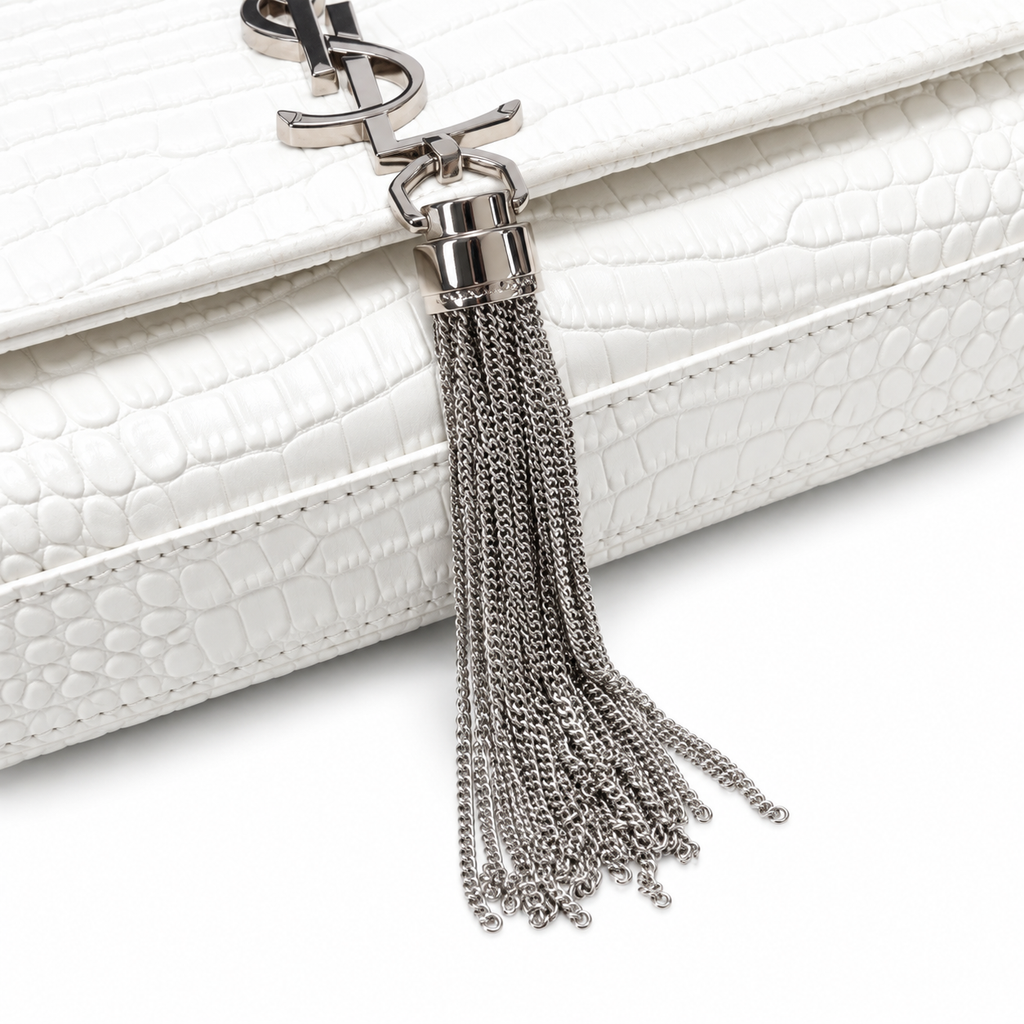 Saint Laurent YSL Kate Tassel Bag – White Croc Silver