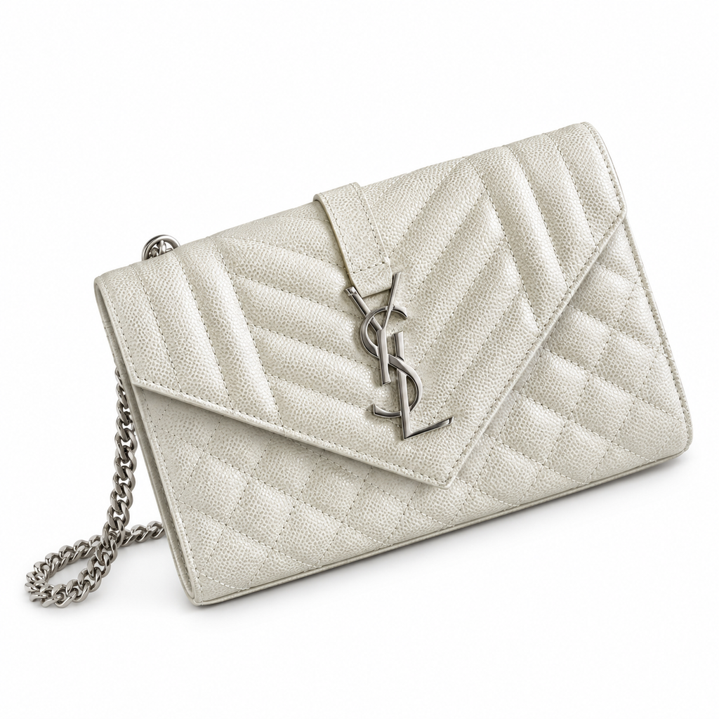 Saint Laurent YSL Envelope Bag in Pearl White Ivory Mix-Matelasse Quilted Grained Leather with Silver YSL Monogram Mixed Chevron Quilting and Silver Curb Chain Strap