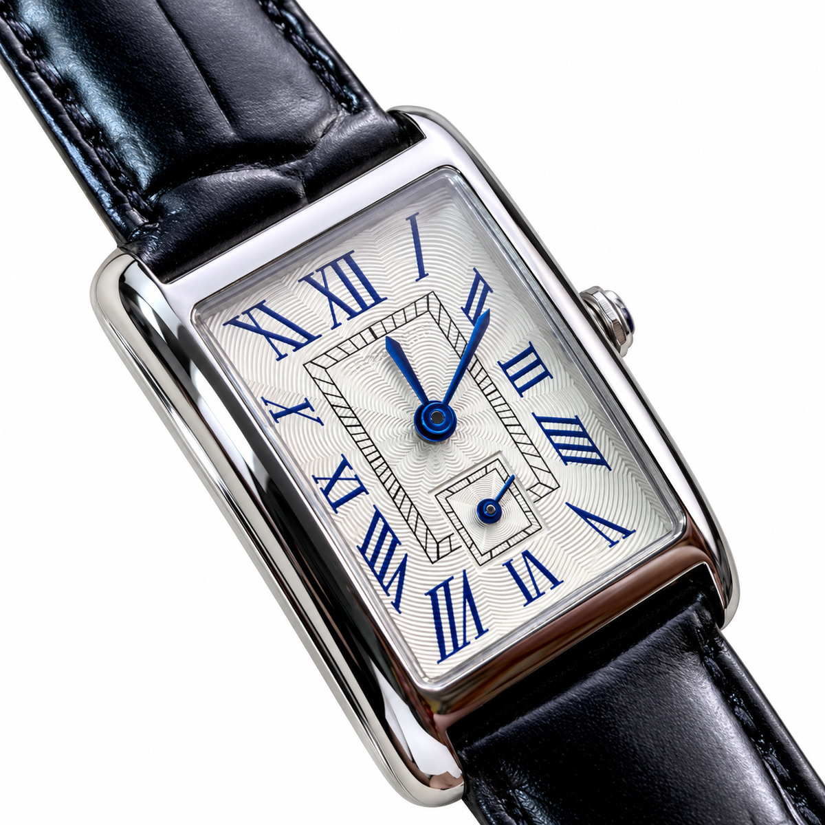 Longines DolceVita White Guilloché Blue Roman Numerals Navy Leather Watch