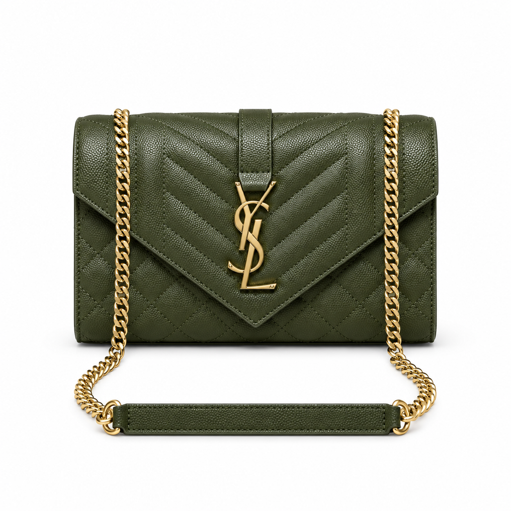 Saint Laurent YSL Envelope Bag in Olive Army Kaki Green Mix-Matelasse Quilted Grained Leather with Shiny Gold YSL Monogram Mixed Chevron Quilting and Gold Curb Chain Strap