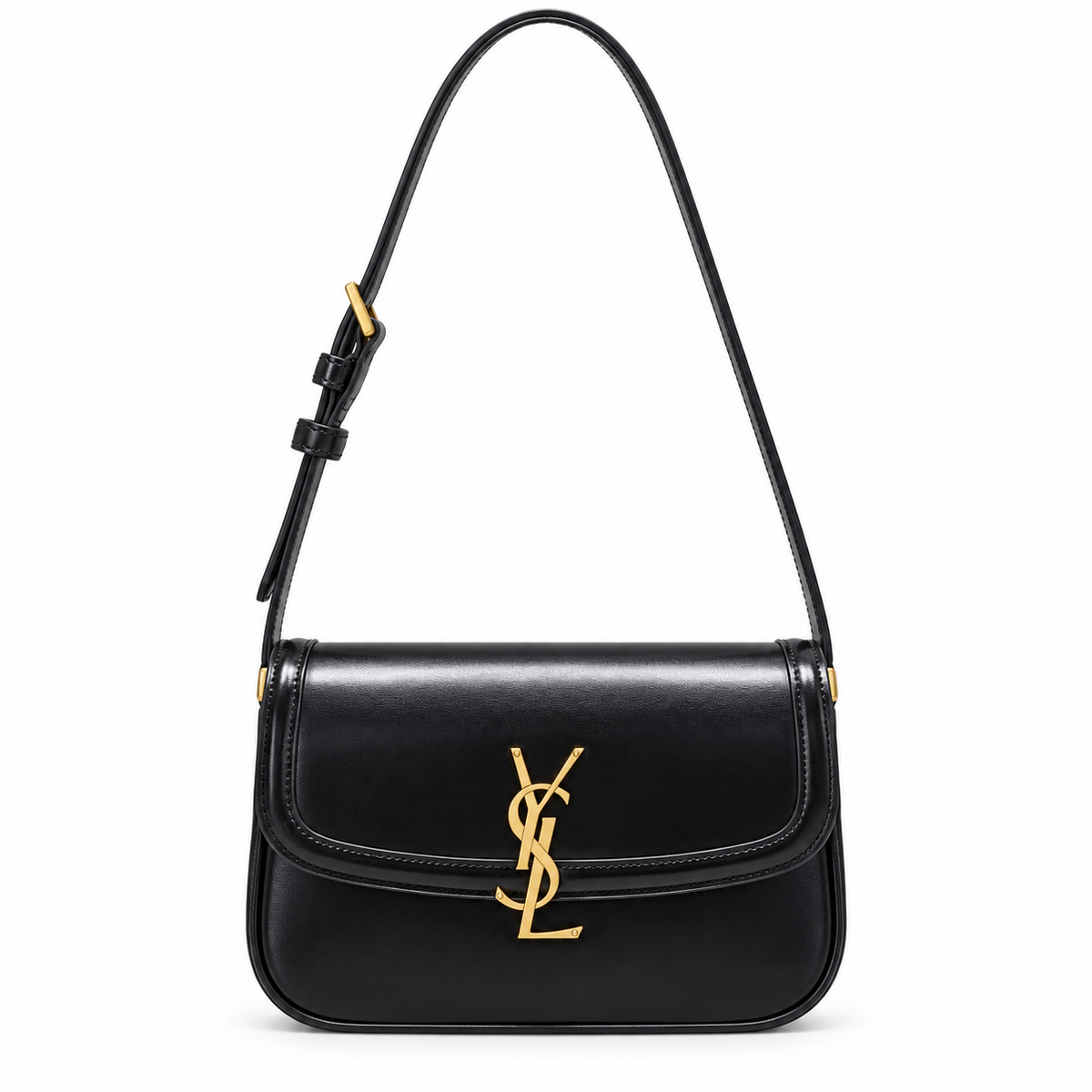 Saint Laurent Solferino flap shoulder bag in black smooth polished leather with gold YSL monogram and slim adjustable strap