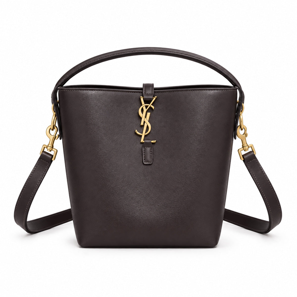 YSL Le 37 Bucket Bag in dark brown smooth leather with gold YSL cassandre monogram charm, top loop handle and wide adjustable crossbody strap, front view