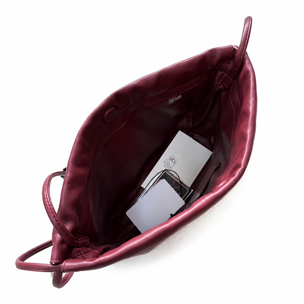 Chanel Burgundy Lambskin Quilted Drawstring Bucket Bag | Triple CC Coin Charms & Adjustable Strap