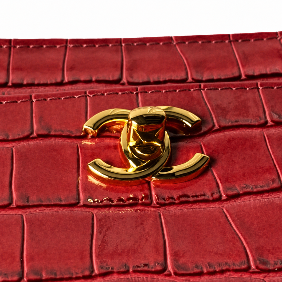 Chanel Crimson Patent Croc-Embossed Large Tote | Detachable Gold Chain & CC Disc — 39cm