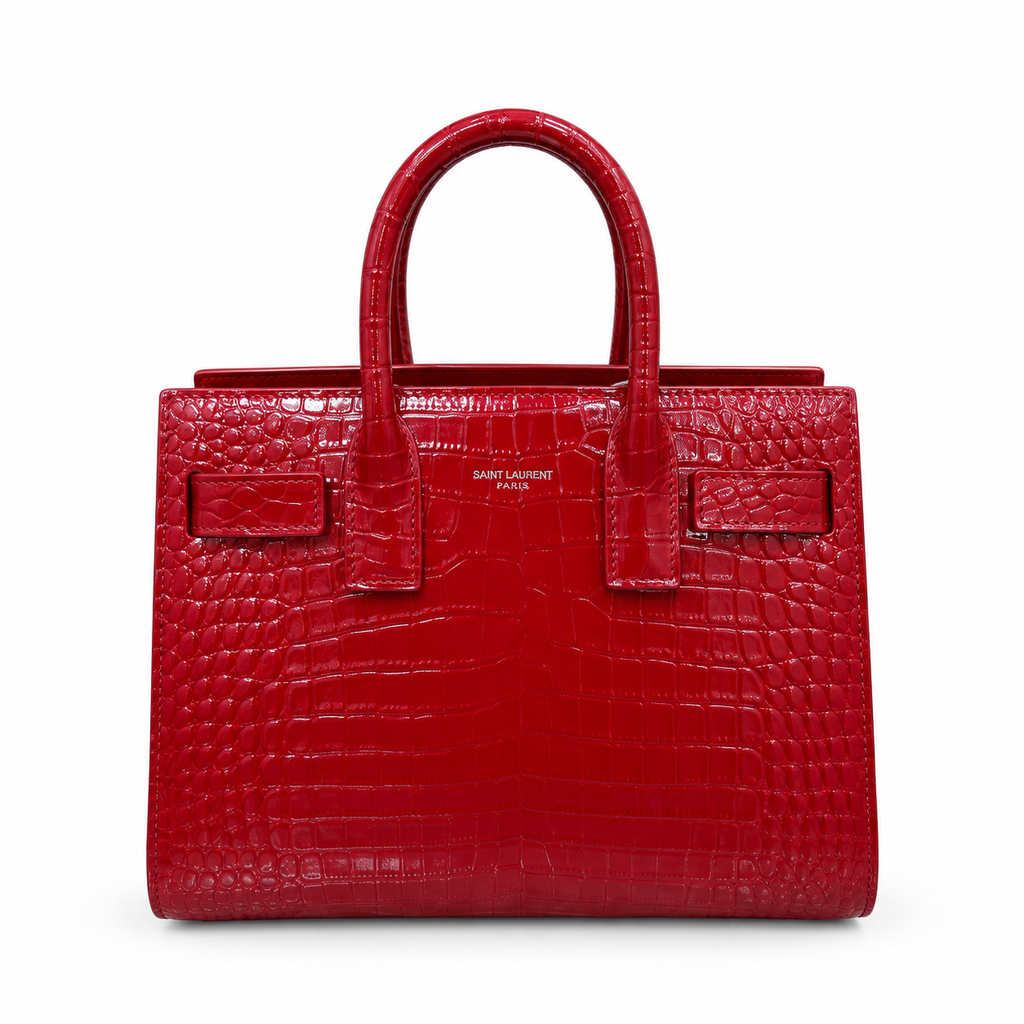 Saint Laurent Sac de Jour structured top handle bag in red croc-embossed patent calfskin leather with silver hardware