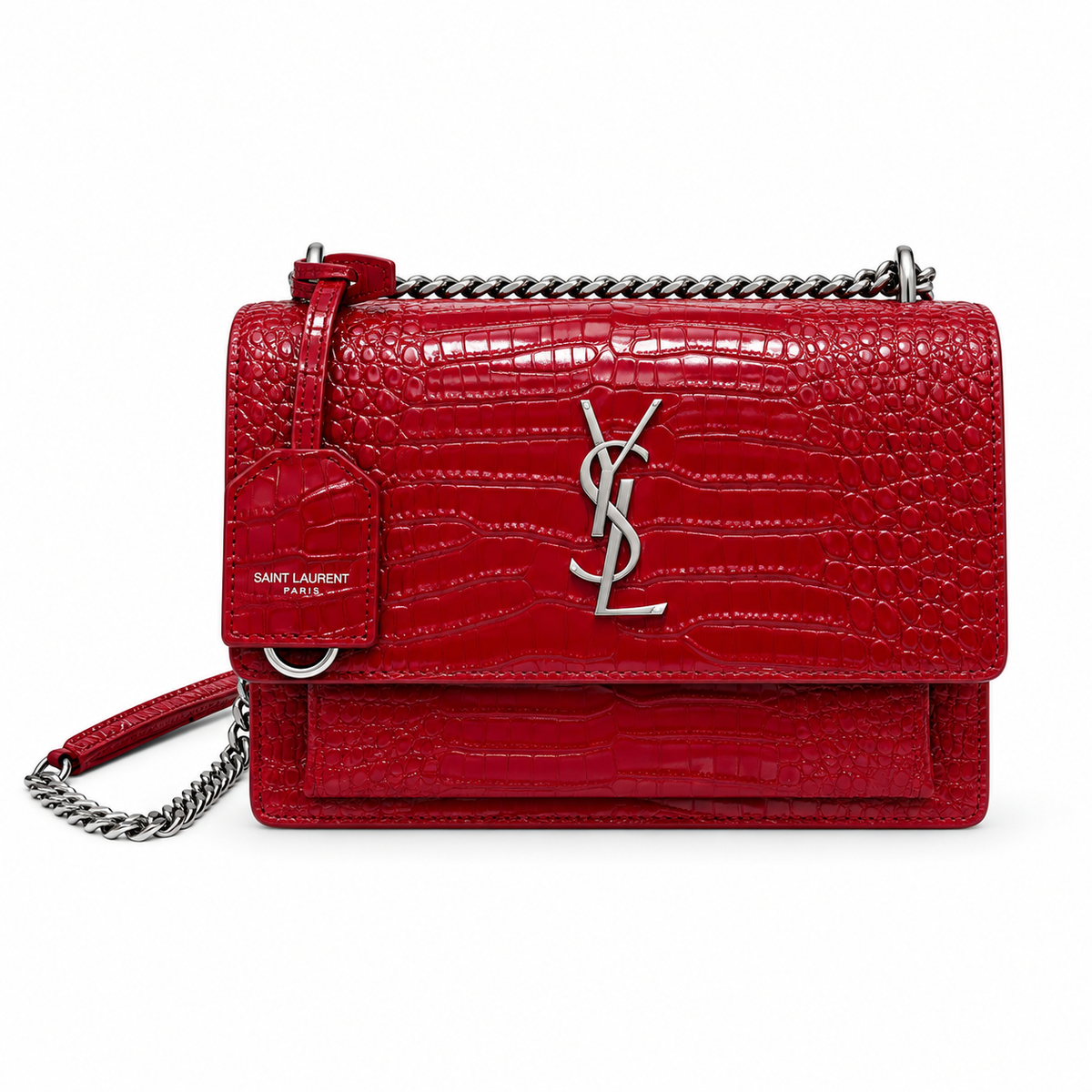 YSL Sunset Medium Bag Red Croc-Embossed Leather Silver Chain