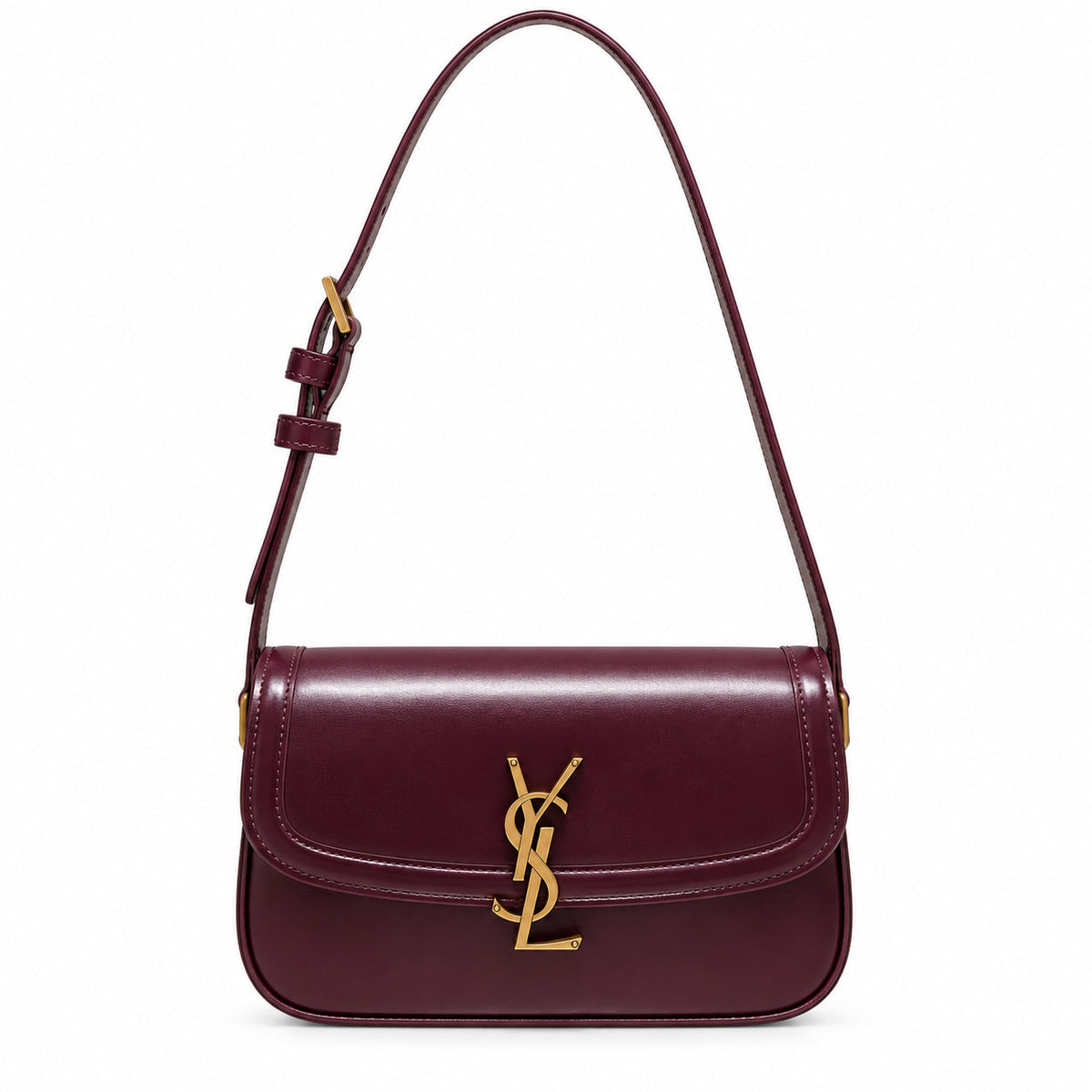 Saint Laurent Solferino flap shoulder bag in burgundy smooth leather with antique gold YSL monogram and slim adjustable strap