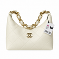 Chanel Zip Hobo Quilted Lambskin Pearl White Chunky Chain Gold 28cm