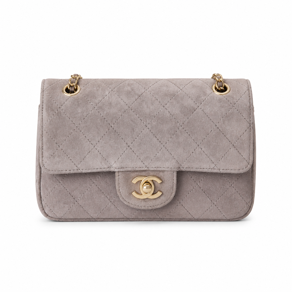 Chanel Classic Single Flap Bag Dove Grey Quilted Suede | Matte Gold CC Turn-Lock — 20cm