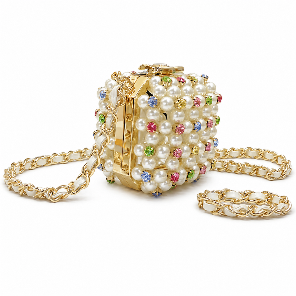 Chanel Cream Pearl Minaudère Box Bag | Rhinestones & Pearl-Interwoven Chain — 8cm