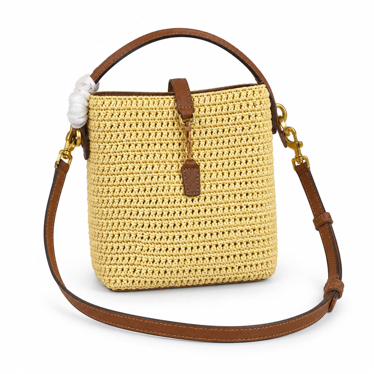YSL Saint Laurent Suzanne Bucket Bag in Natural Raffia and Tan Leather