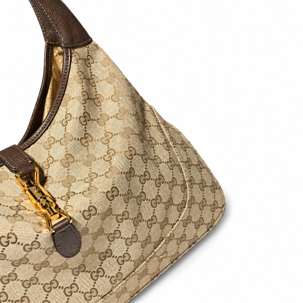 Gucci Jackie O Hobo in Beige GG Original Canvas with Dark Brown Leather Trim