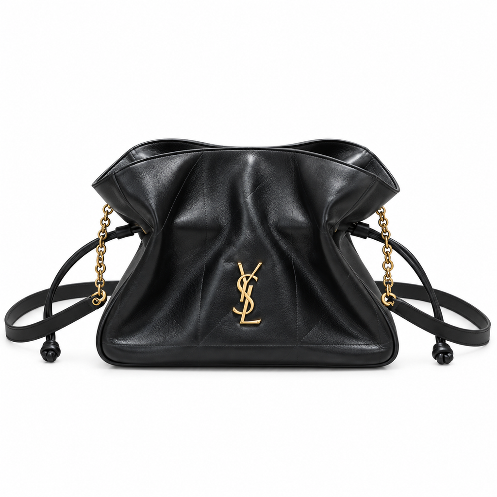 YSL Bouquet Drawstring Bag in black smooth leather with gold monogram and chain straps, front view