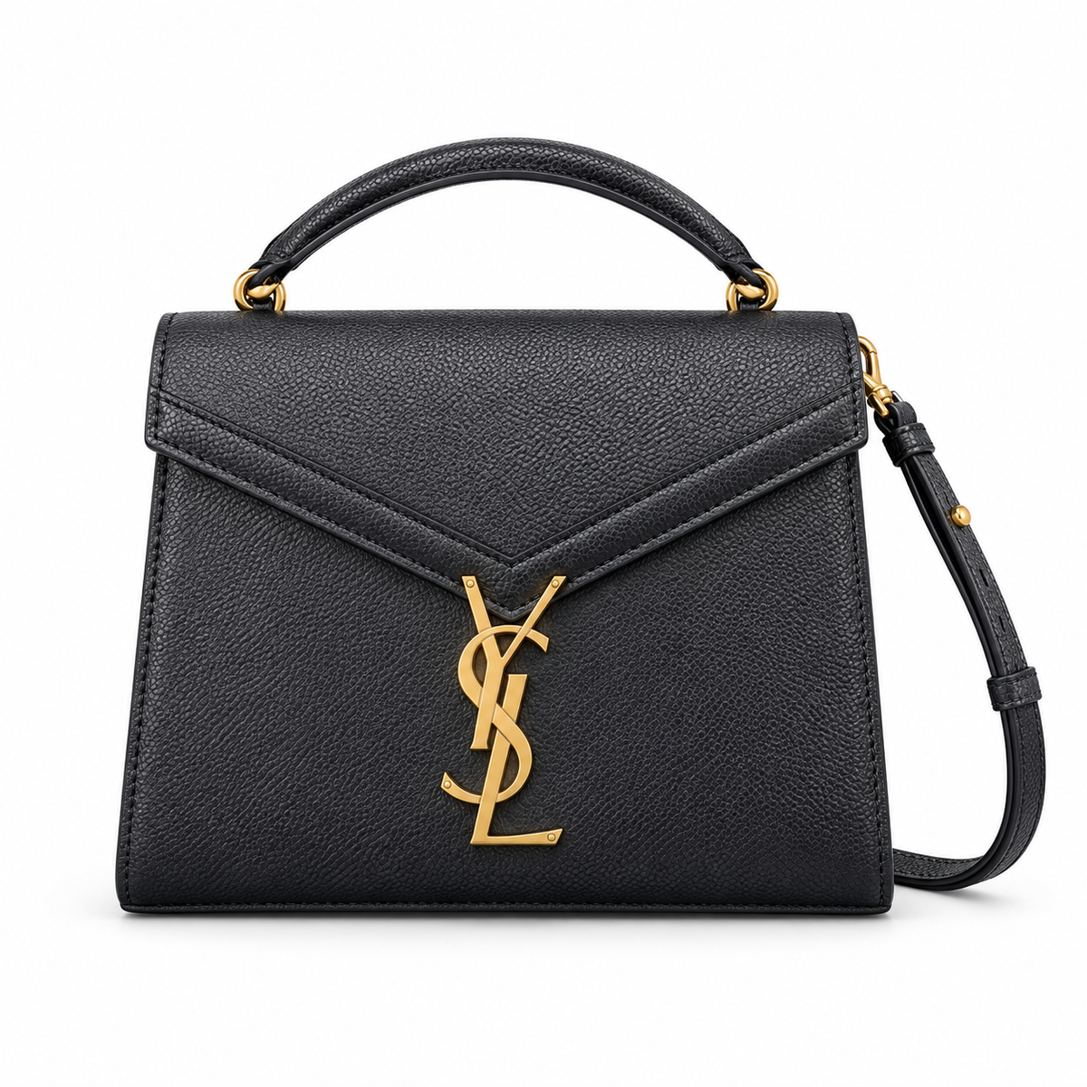 Saint Laurent Cassandra Mini black grained leather top handle bag with gold YSL monogram clasp and adjustable crossbody strap