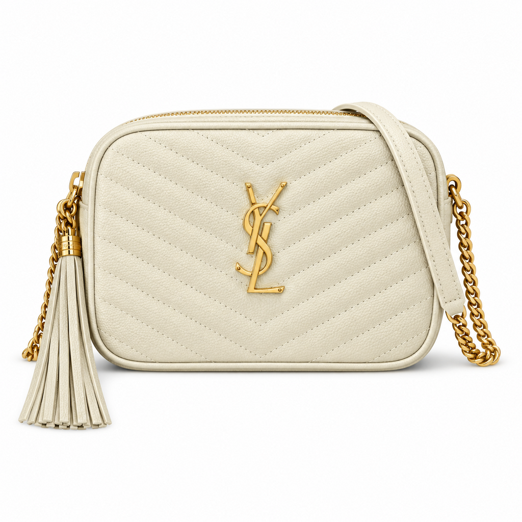 Saint Laurent YSL Lou Camera Bag in Cream Ivory Off-White Grained Leather with Gold YSL Monogram Chevron Quilting Cream Tassel and Gold Chain Strap