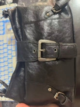 Black Distressed Faux Leather Flap Crossbody Bag with Oversized Silver Belt Buckle Closure Zip Top and Adjustable Strap