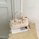 Cream Litchi Grain Faux Leather Birkin Style Tote Bag with Gold Turn-Lock Clasp Dual Rolled Handles and Detachable Shoulder Strap