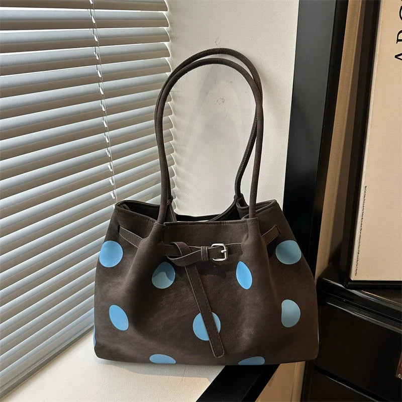 Brown Blue Polka Dot Bucket Tote Bag with Silver Belt Buckle Detail and Dual Rounded Top Handles