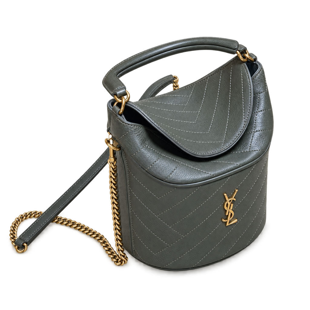 YSL Saint Laurent Gaby Bucket Bag in Khaki Quilted Leather
