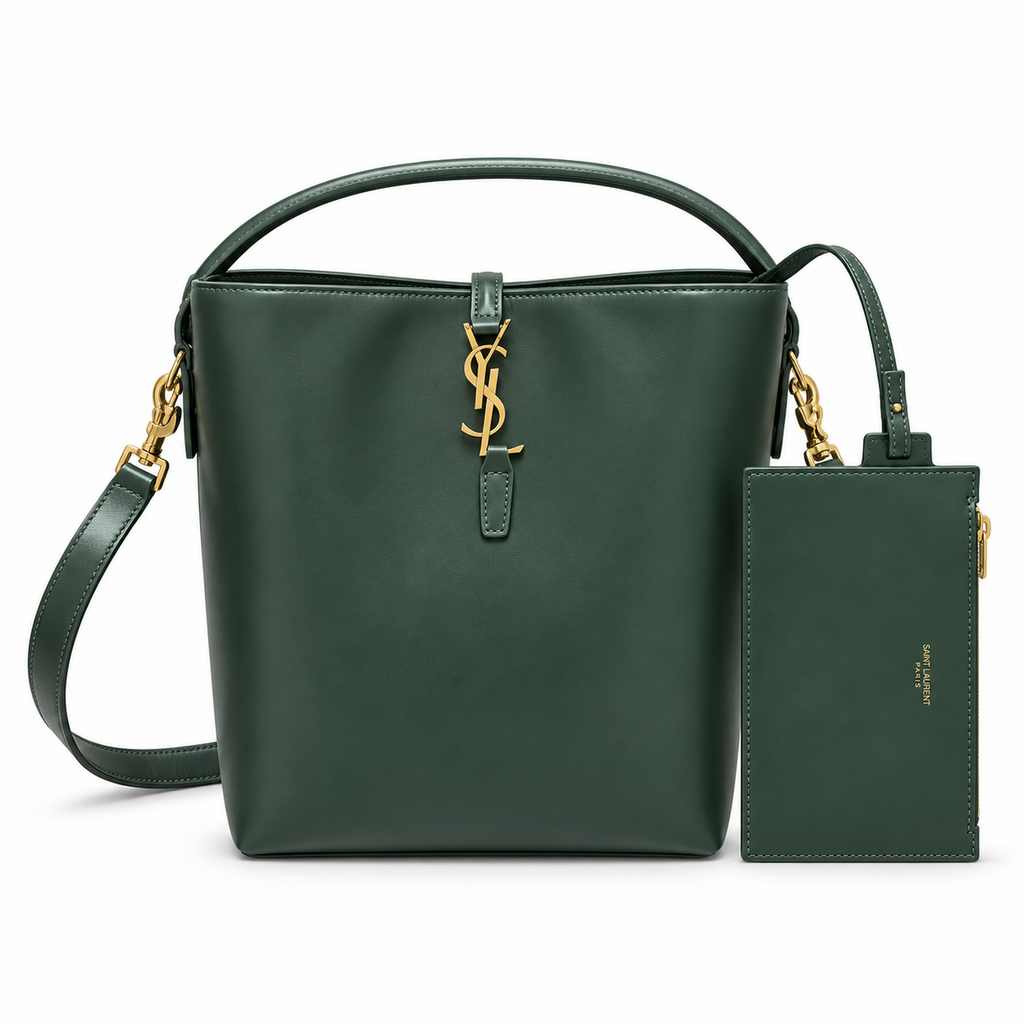 Saint Laurent YSL Le 37 structured bucket bag in deep forest green smooth calfskin leather with gold YSL monogram charm top handle removable crossbody strap and matching card holder