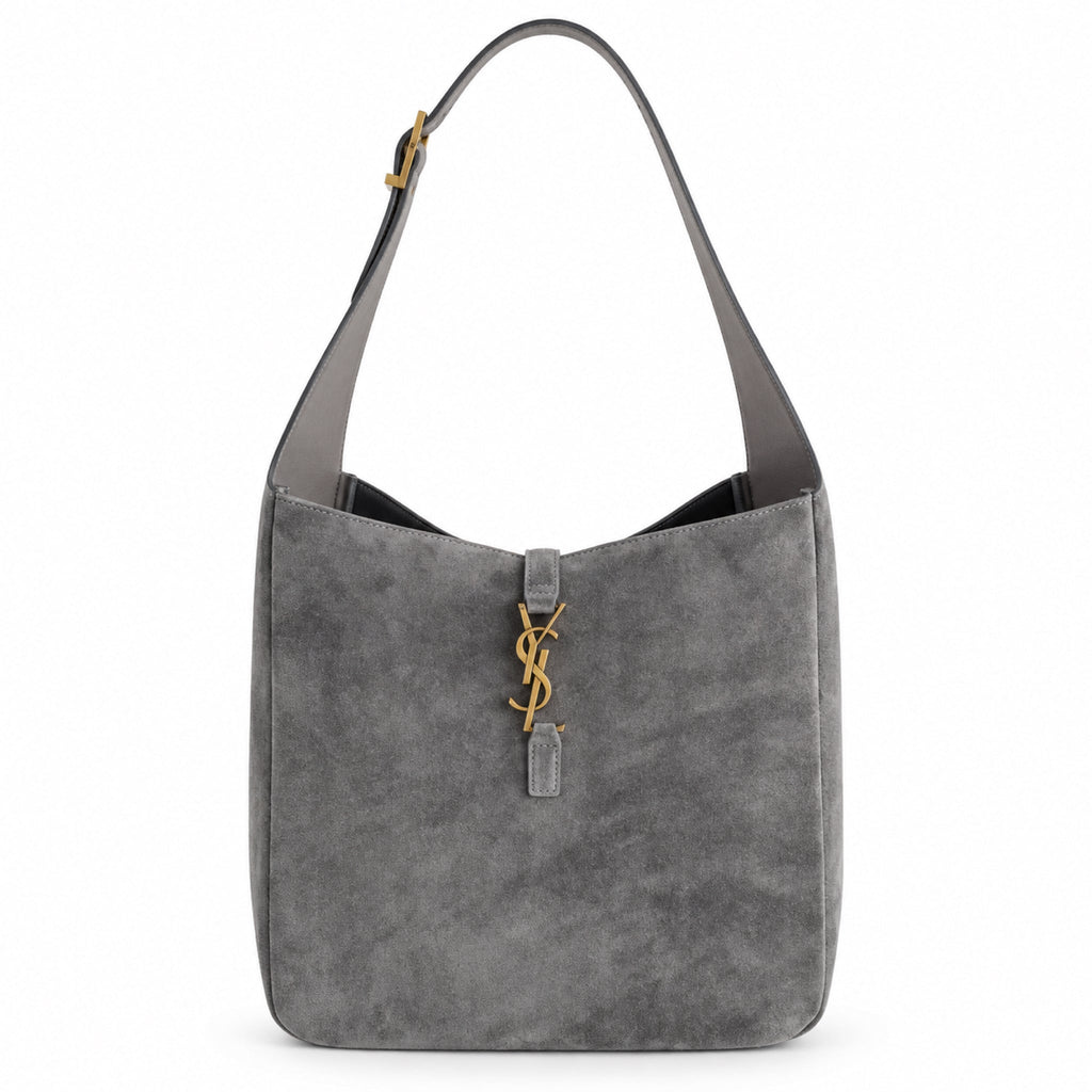 Saint Laurent YSL Le 37 structured hobo shoulder bag in grey slate suede calfskin with antique gold YSL monogram charm and single adjustable leather strap